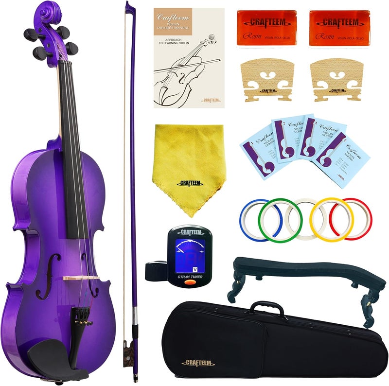CRAFTEEM 4/4 Full Size Fiddle Purple Colored Premium Violin Outfit for Beginners Adults Kids With 5 Color Fingering Tape- Handcrafted Student Beginner Violin. (Purple, 4/4 Full) - Image 1